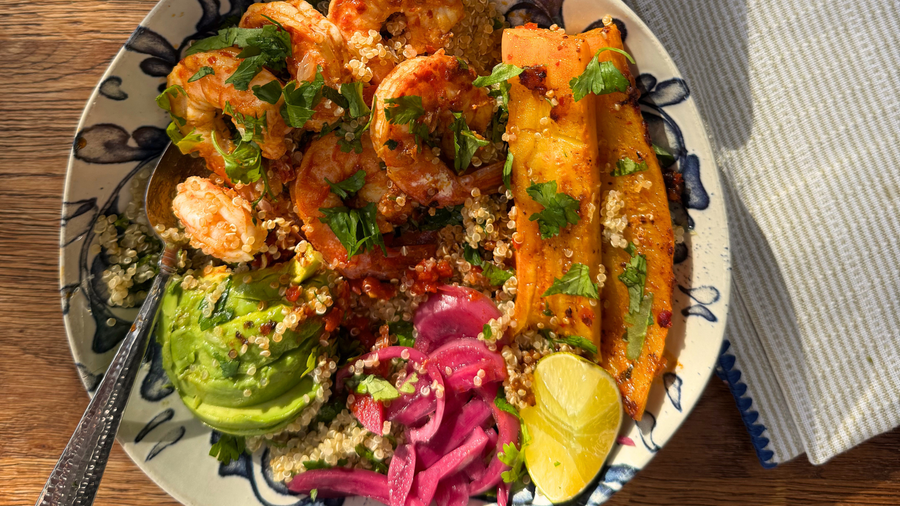 Harissa King Prawn & Quinoa Bowl with Avocado and Pickled Red Onions