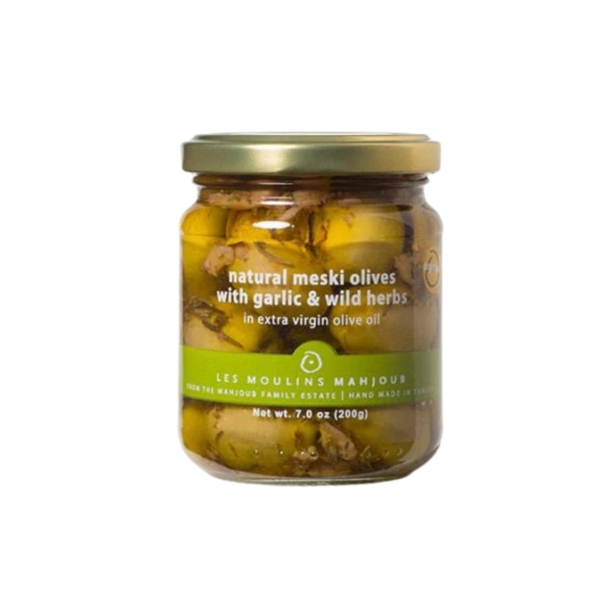 Organic Meski Olives with Garlic & Wild Herbs — 200g